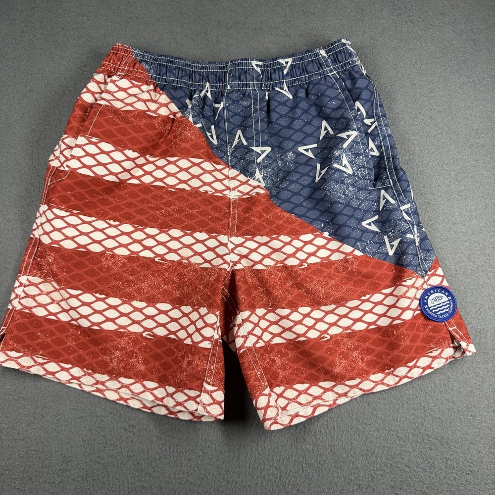 AFTCO Swim Shorts Boys M 10-12 American Flag Mesh Lined Elastic Waist Trunks